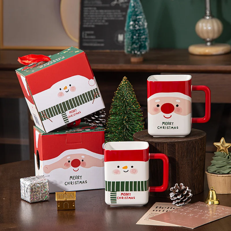 

400ML Christmas Cups Cute Snowman Santa Claus Ceramic Mugs With Handle Breakfast Coffee Water Cups Gift Box Packaging