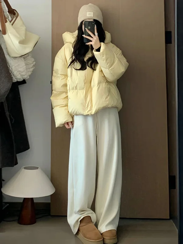 

Thickened Yellow Hooded Women's Cotton Jacket Winter 2025 Fashion Casual All-Match Warm Outerwear Korean Style Zipper Closure