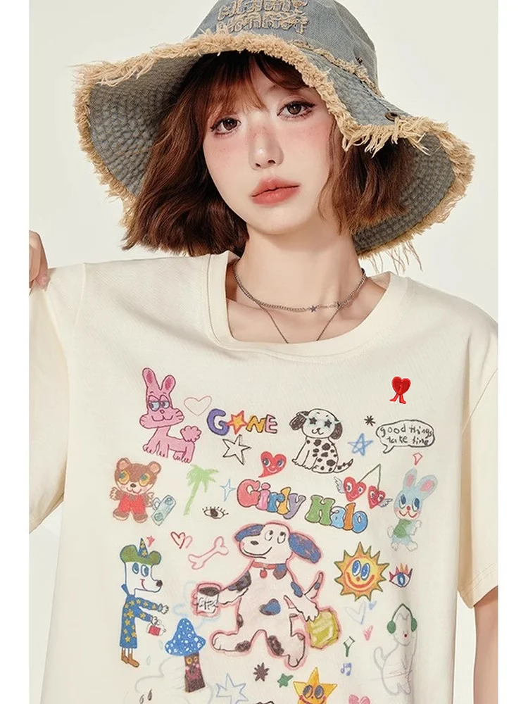 

AM I KMKM Summer Casual Loose round Ne ort Sve T-irt Women's Milk Apricot Color Printed Comfortable Top