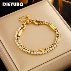 DIEYURO 316L Stainless Steel White Sparkling Zircon 2in1 Chains Bracelet For Women Fashion Girls Wrist Jewelry Gifts Pulsera