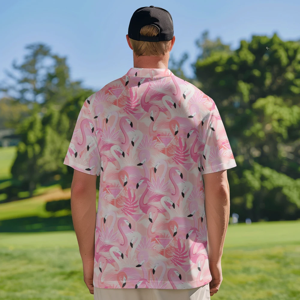 Polo Golf T-Shirt for Men Lightweight Short Sleeve Button Work Men Clothing Flamingo Graphic Summer Pink Quick Dry Golf Tee Tops