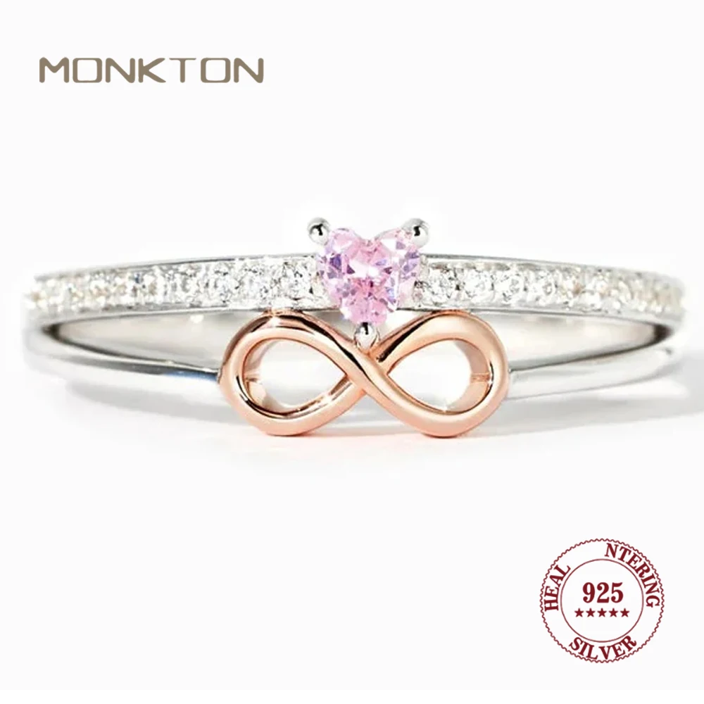 

Monkton S925 Silver Fashion Infinity Love Rings for Women Romantic Wedding Zircon Jewelry Pink Heart Promise Ring Anillos Mujer