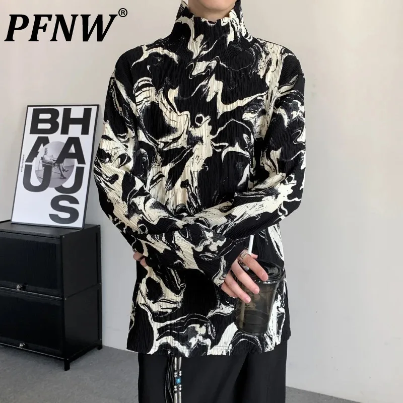 PFNW New Autumn Men's T-shirts Turtleneck Printing Contrast Color Sun-protective Clothing Long Sleeve Stylish Autumn 2024 12C947