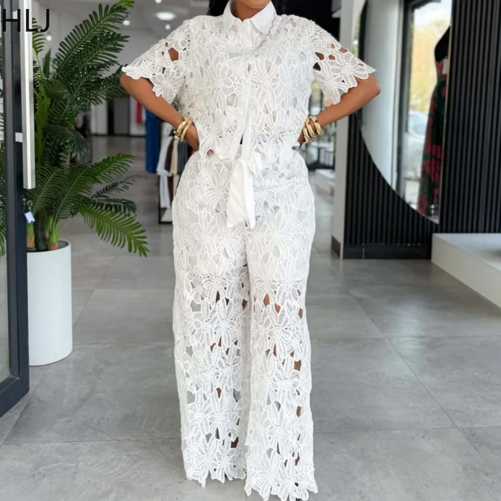 

HLJ Elegant Hollow-out Patchwork 2 Pieces Set for Woman Outfit See Through Short Sleeve Top + Pants Matching Female Streetwear