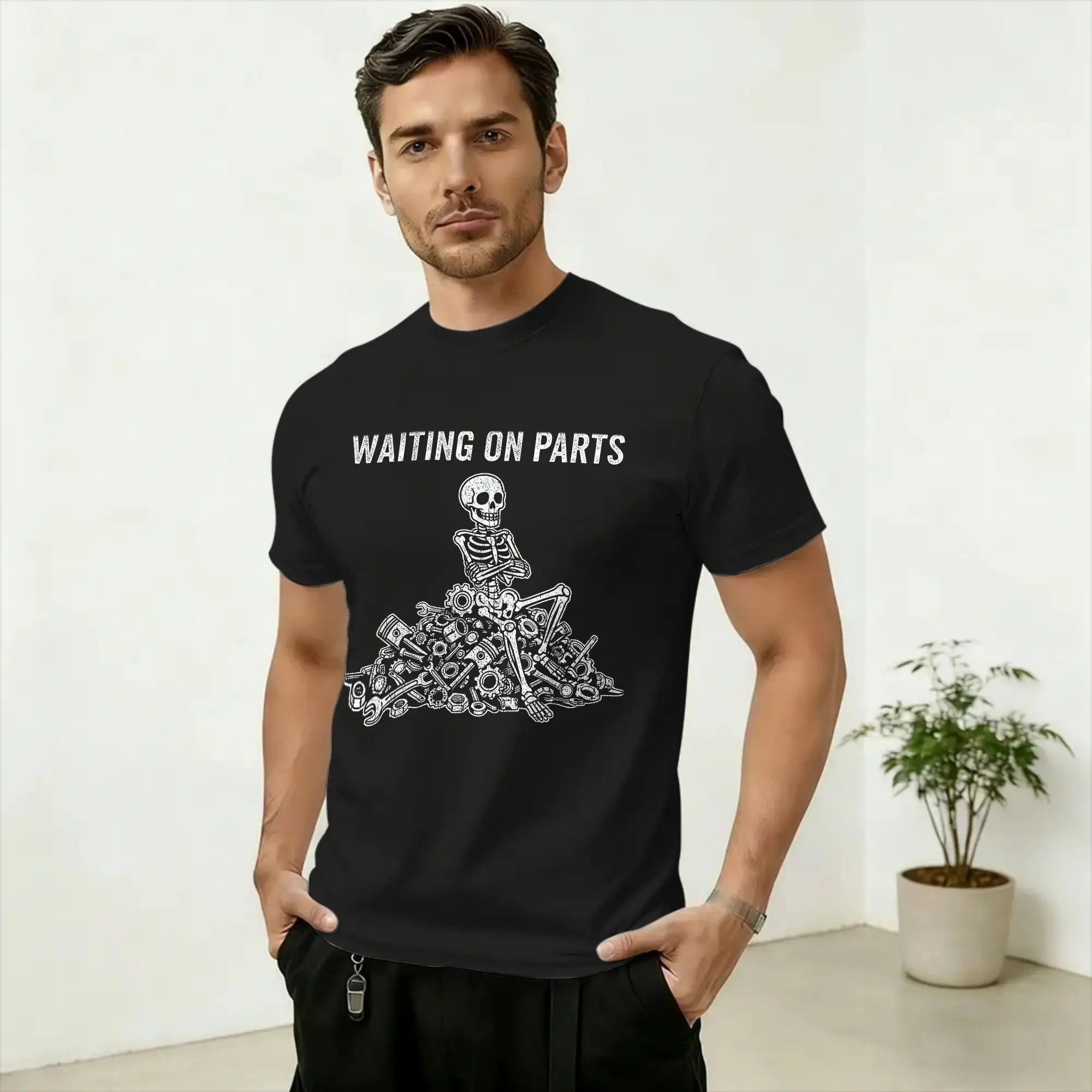 Men Funny Waiting On Parts Mechanic Skeleton Auto Repair Life T Shirts  100% Cotton Clothing Funny Short Sleeve O Neck Tees