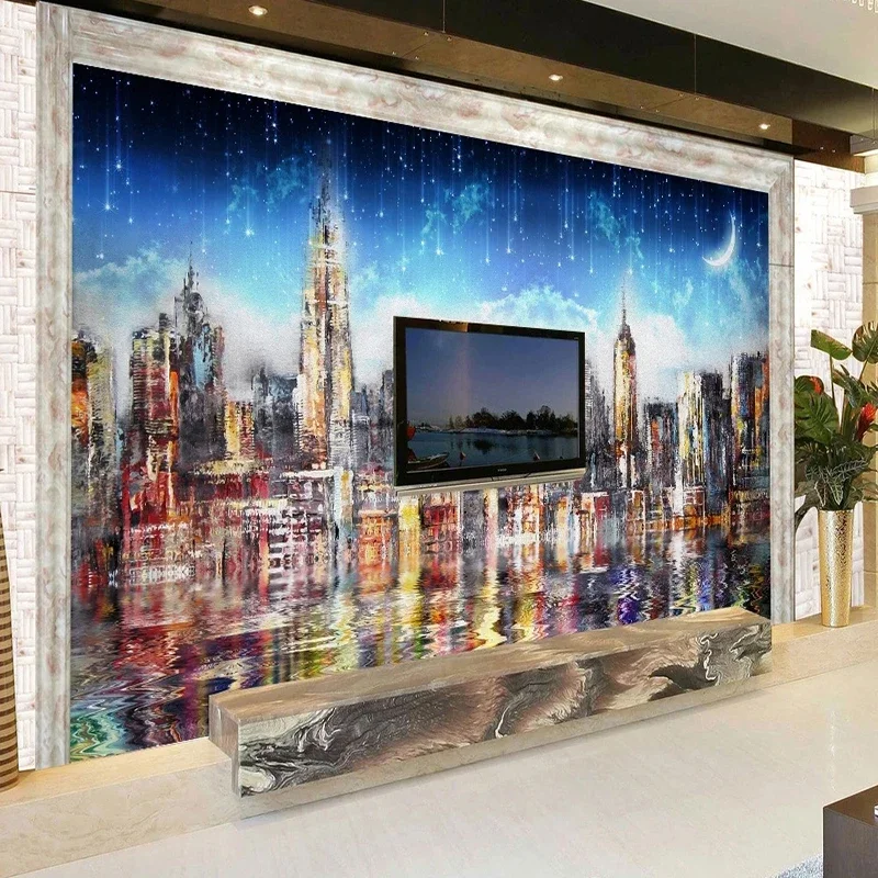 European Oil Painting Night View City Starry Sky Wallpaper Creative Murals Living Room Bedroom Study Background Decor 3D Fresco