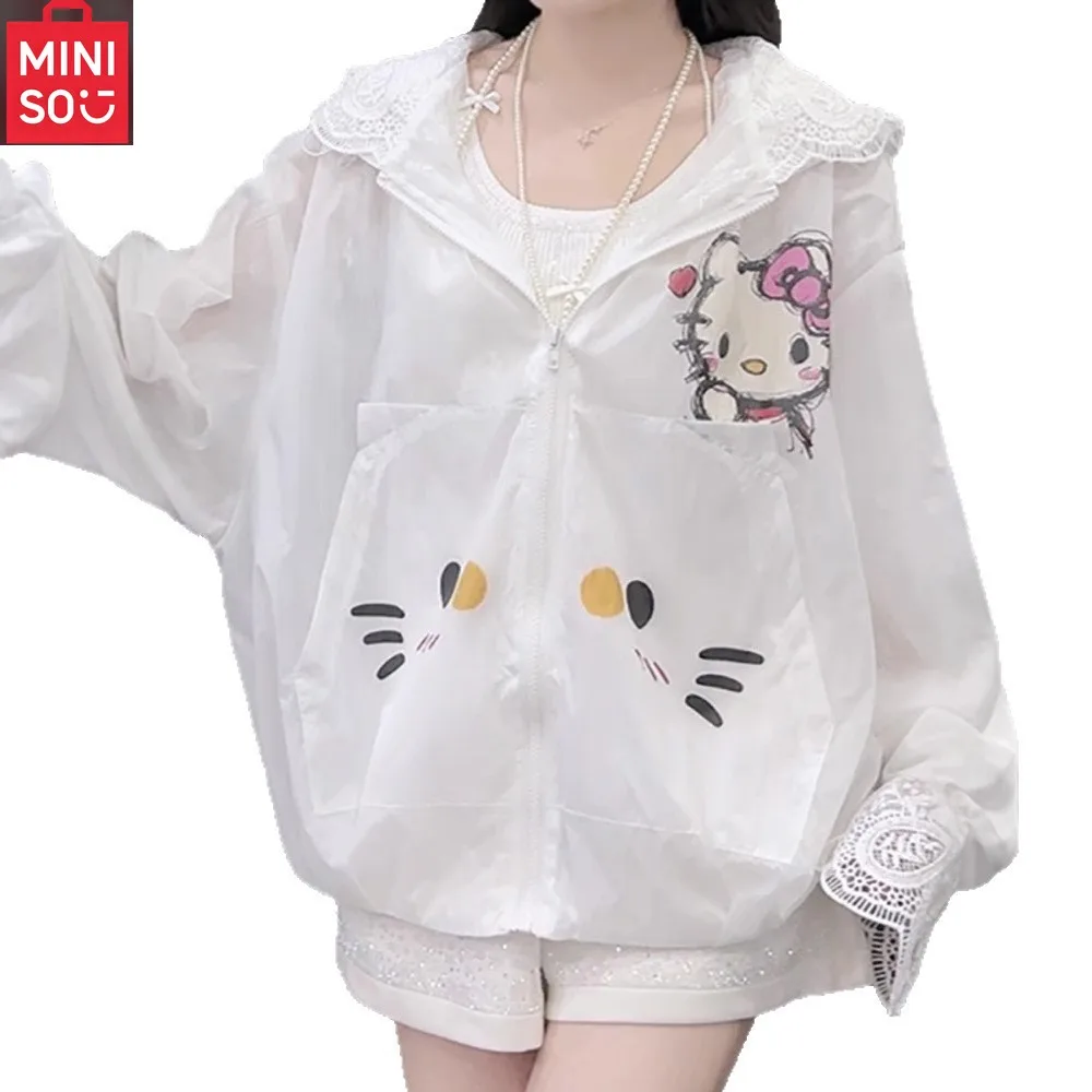 MINISO Hello Kitty Cat Graffiti impreso encaje empalme Sudadera con capucha de manga larga de verano para mujer suelta protector solar Sudadera con capucha