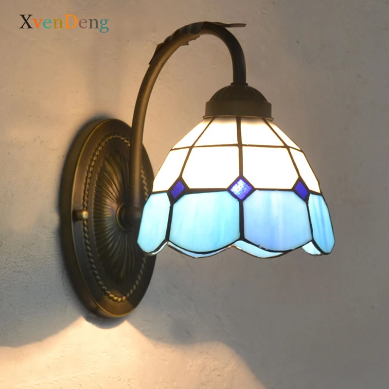 

Mediterranean Retro Iron Wall Lamps for Bedroom Bathroom Living Room Decor Outdoor Lighting Tiffany Stained Glass LED Wall Light