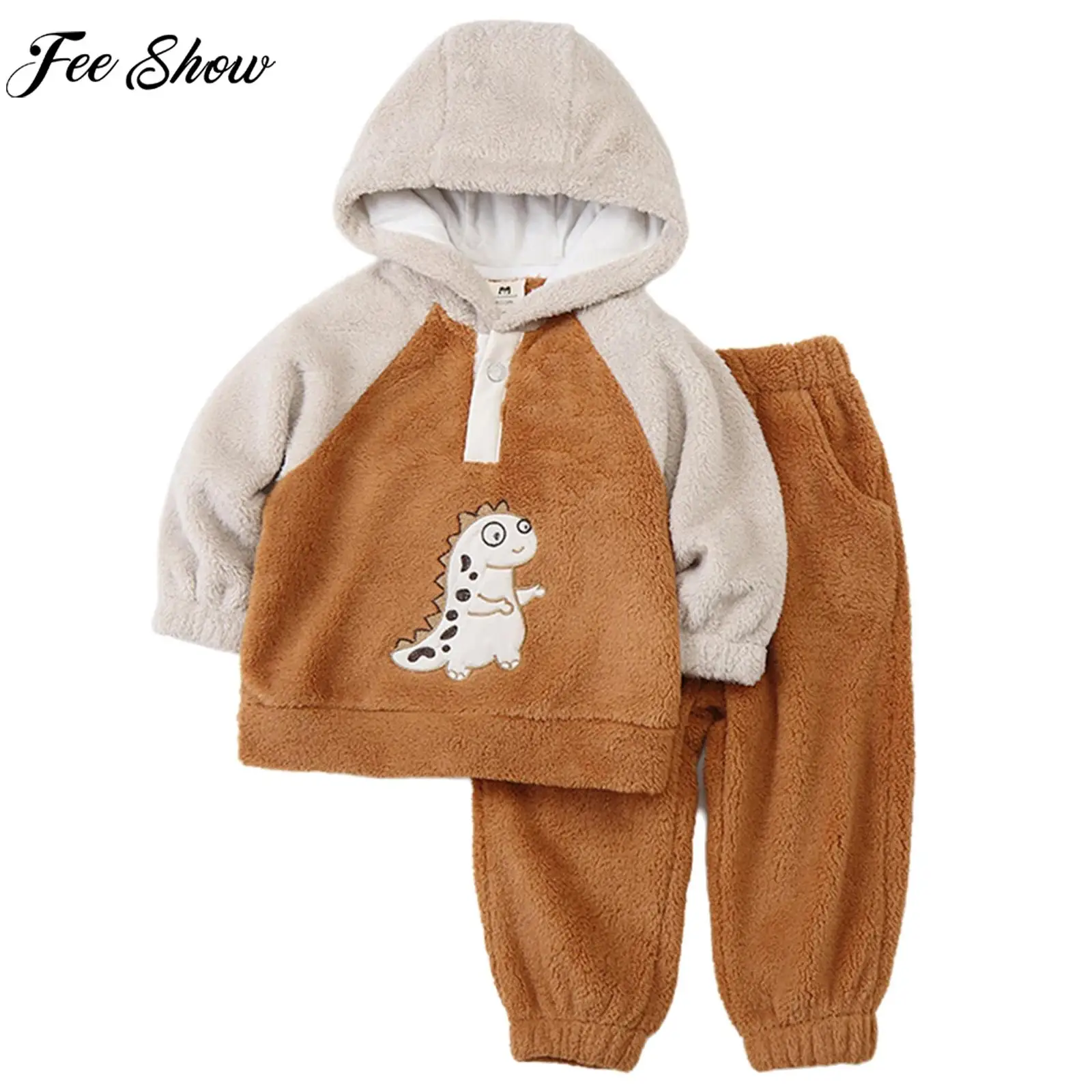 Children Boys Winter Casual Furry Warm Outfit Long Sleeve Coral Velvet Dinosaur Pattern Hooded Coat with Pants for Daily Sports