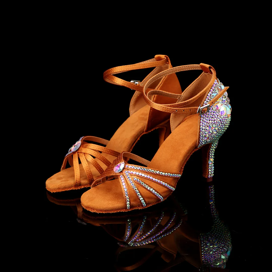 Sapatos de dança latina femininos adultos, novos saltos de strass de cetim 5/7/8cm, sapatos de dança de salto alto