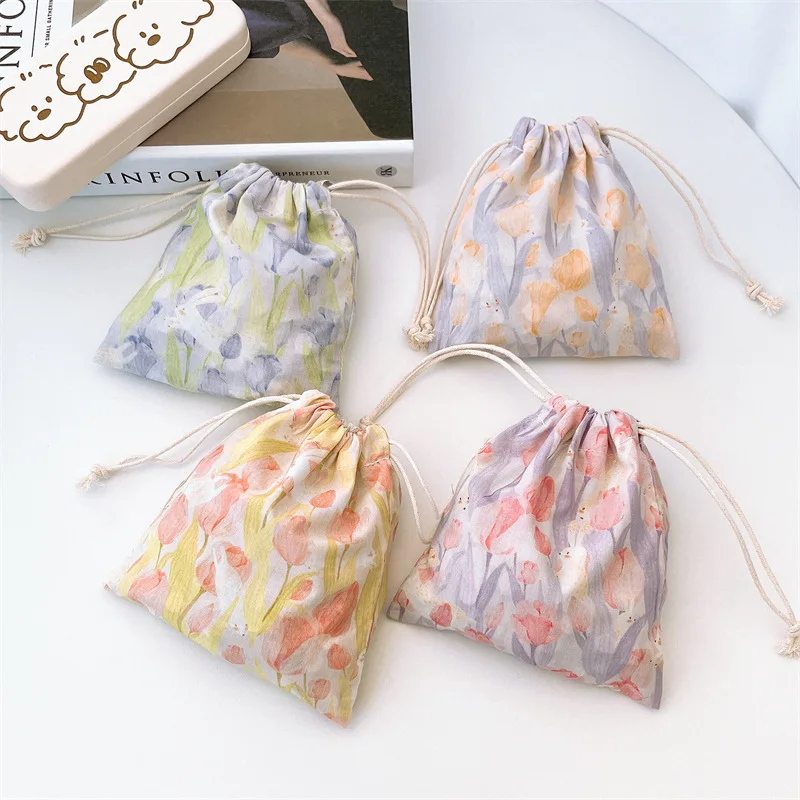 Small fresh cotton drawstring cloth bag change lipstick storage bag rustic style