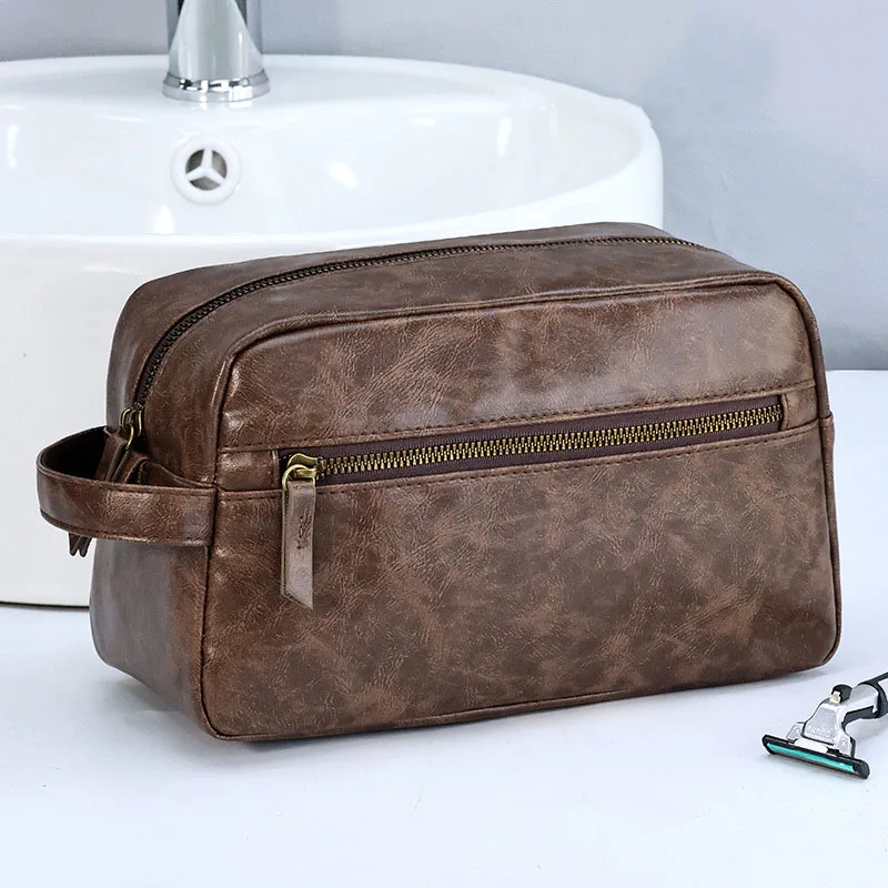 Men Vintage Luxury PU Leather Toiletry Bag Travel Necessary Business Cosmetic Makeup Cases Male Hanging Double Layered Wash Bag