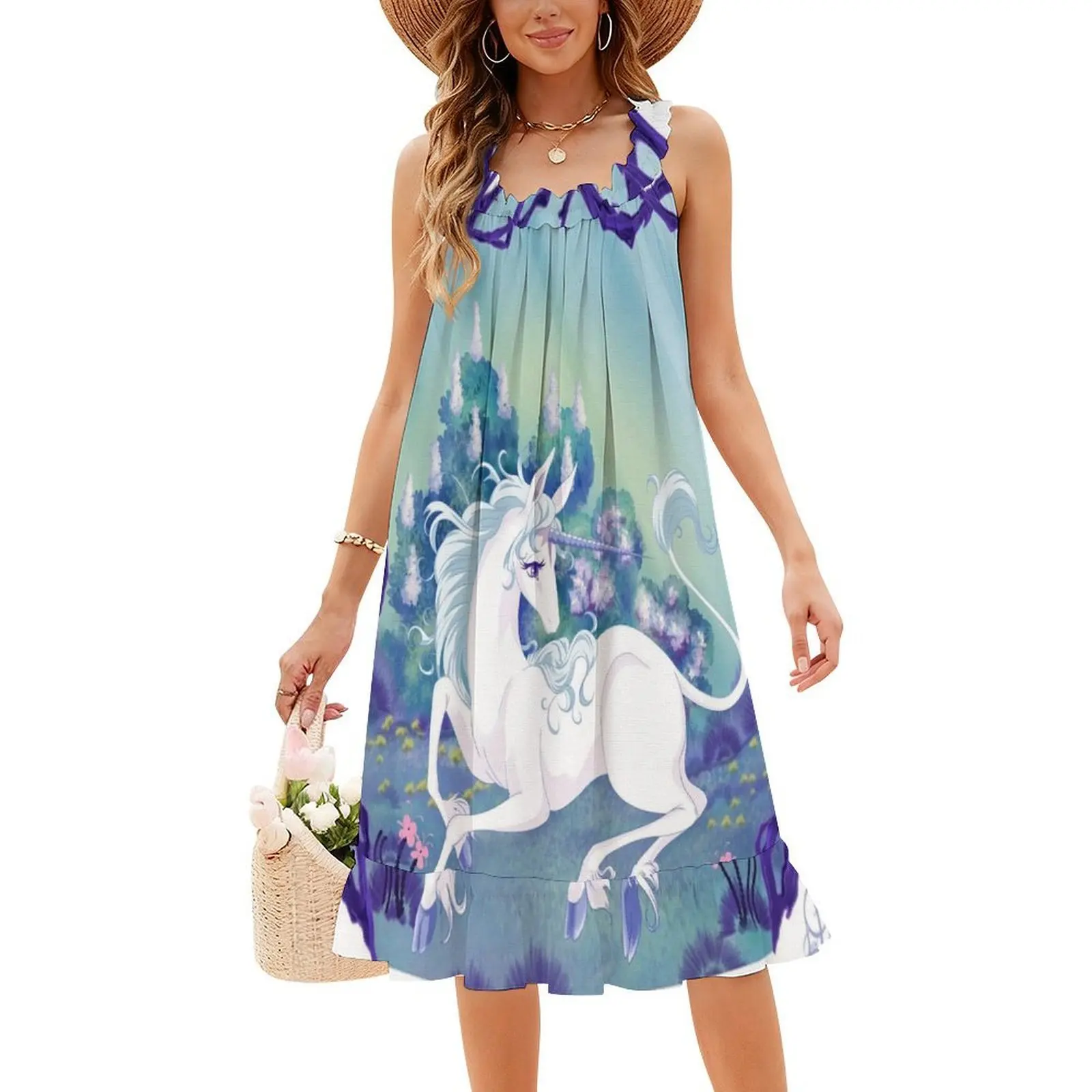 فستان يونيكورن مستلق في خط عنق على شكل قلب من الخشب المؤطر فستان حفلات صيفي أنيق للنساء آخر وحيد القرن وحيد القرن