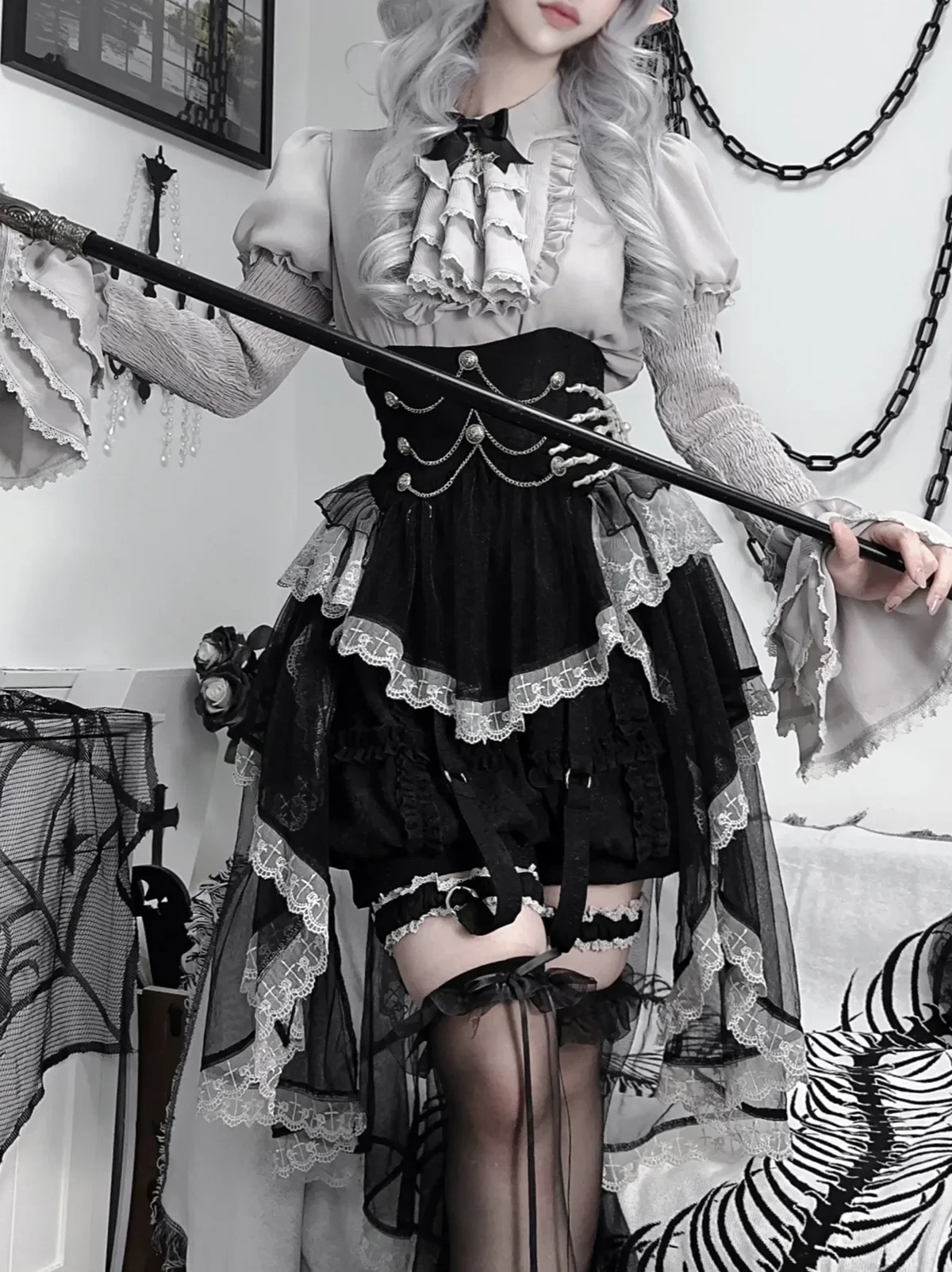 Dark Lolita Three-piece Set Elegant Cross Bow Ruffles Long Sleeve Shirt Top Shorts Mesh High Waist Skirt Gothic Halloween