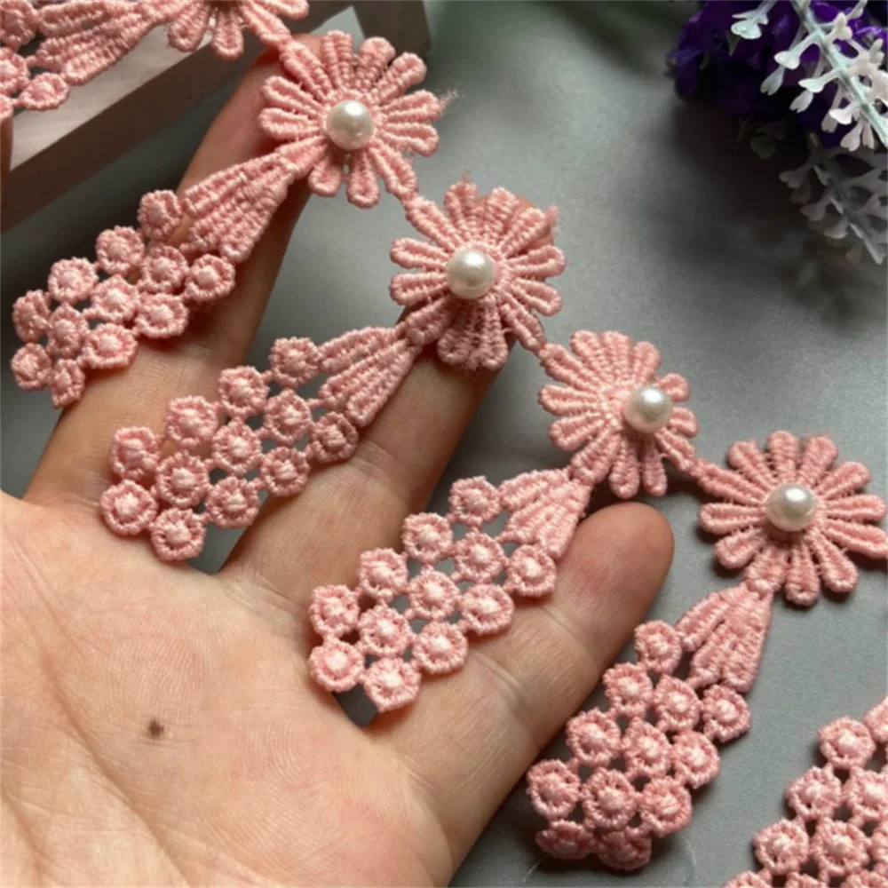 

20x Pink Daisy Pearl Flowers Lace Tassel Embroidered Lace Trim Ribbon Applique DIY Manual Sewing Supplies Craft Decoration New