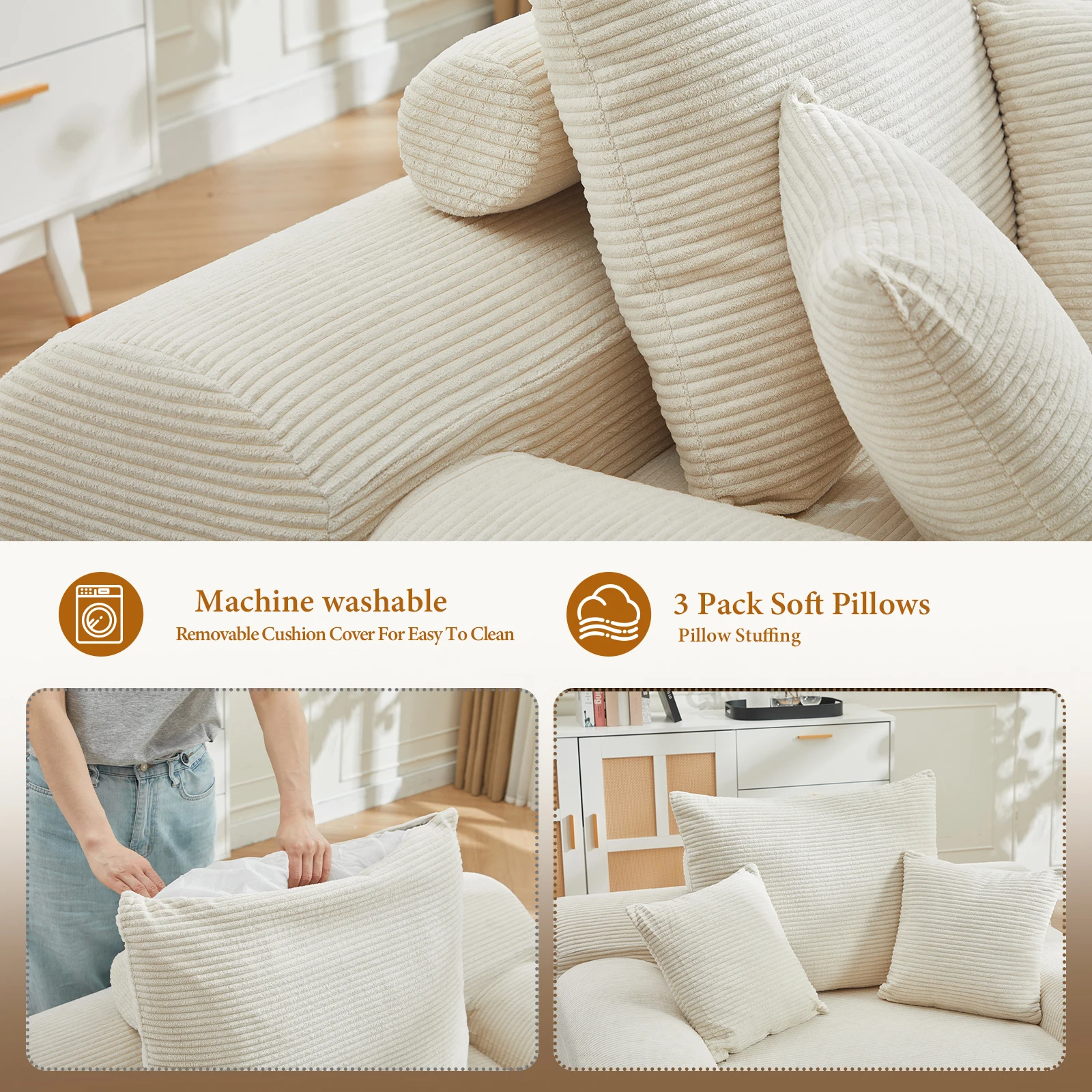 كرسي صالة تشيس 70 بوصة داخلي، أريكة سرير منجدة بدون عظم مع مساند للذراعين و3 وسائد، أريكة كلاود سليبر تشا #5