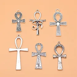 6pcs Antique Silver Color Key Of Life Ankh Cross Charms Collection For DIY Jewelry Making, 6 Styles, 1 of Each