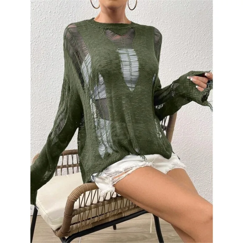 Spring & Summer New Women\'s Loose Hook Flower Perforated Design Sweater Street Trendsetters Female Fashion Knitted Pullover Top