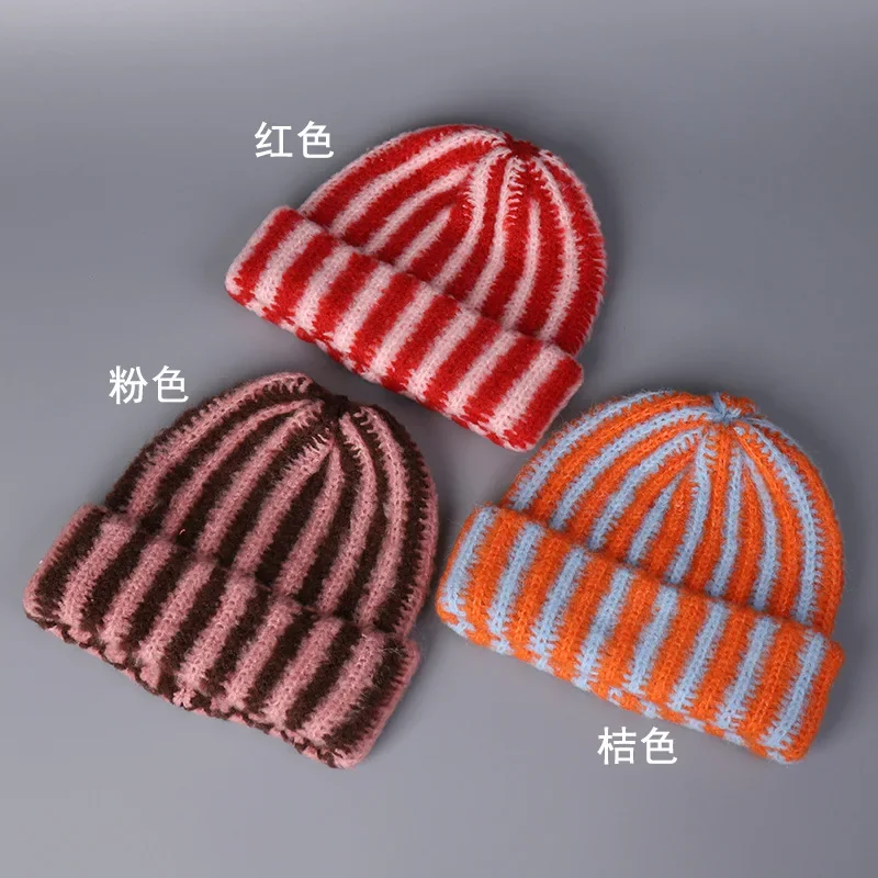 2027 Korea Autumn and Winter New Korean Feather Yarn Striped Wool Beanie Cap Women Showing Face Small Cold Knitted Cold Hat Men