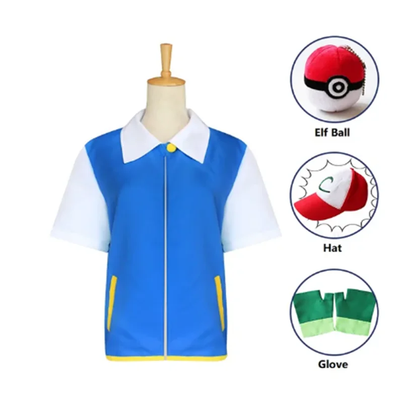 Game Pokemon Cosplay Anime Ash Ketchum Clothes Men Blue Jacket Costume Boys Girls Cosplay for Party Trainer Pokemon Cap Gloves