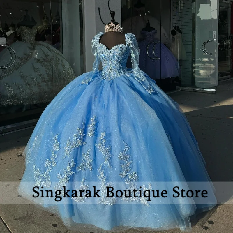 Vestidos De Quinceañera De princesa azul cielo, lazo, Mangas desmontables, apliques De encaje, cuentas De cristales, vestido De baile De lujo De 15 Años