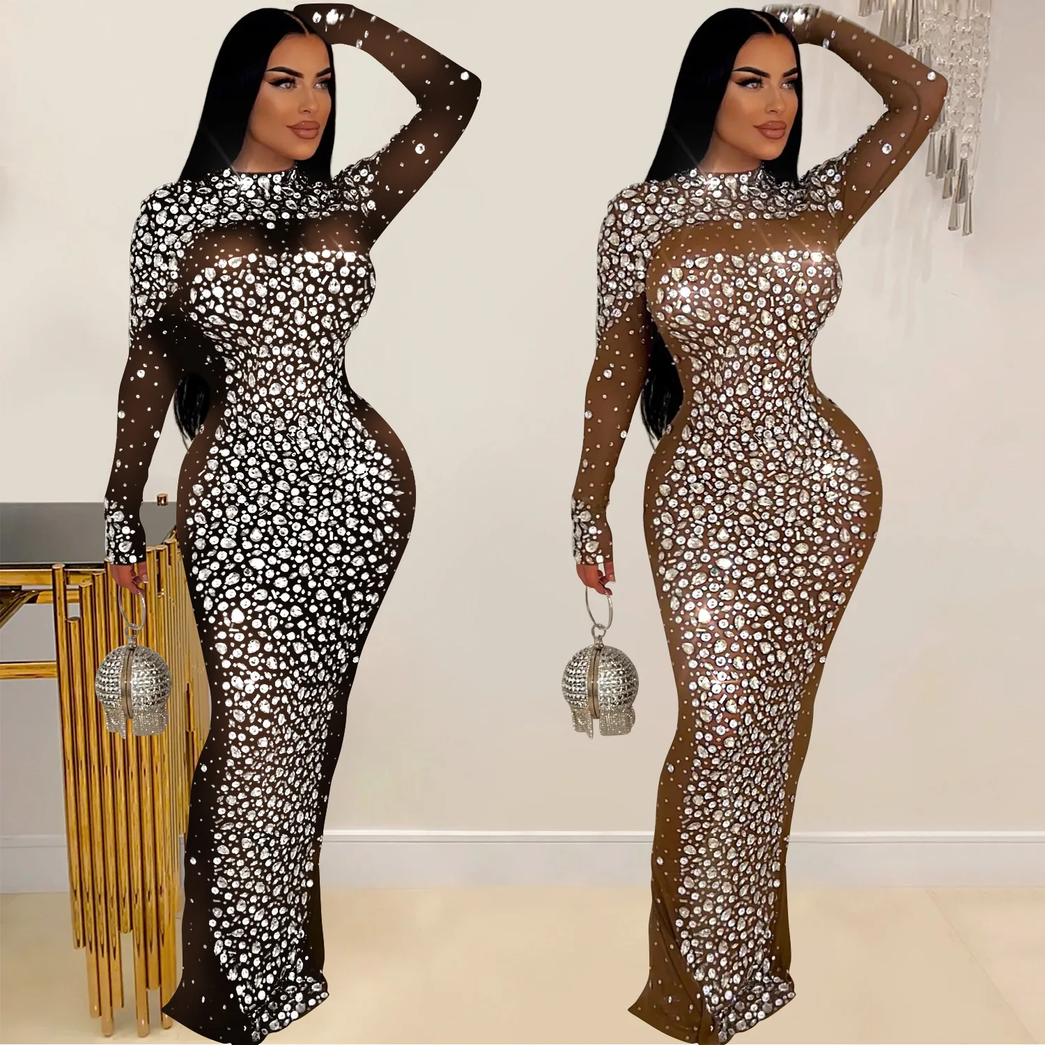 

C6890 European and American fashion women's clothing solid color mesh hot diamond long sleeve long dress dress