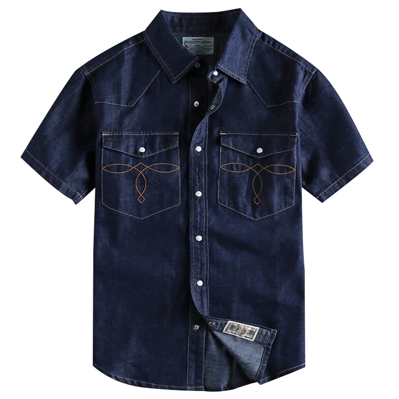 Summer New American Retro Short Sleeve Lapel Denim Cargo Shirt Men\'s Fashion Pure Cotton Washed Old Multi-pocket Casual Blouses