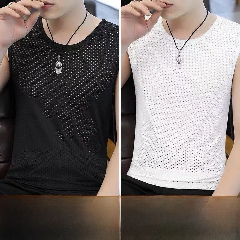 Men's Ice Silk Breathable Quick Dry Mesh T-Shirt Short Sleeve Sport Hollow out Base Shirt Summer Thin Style Two Pieces Set