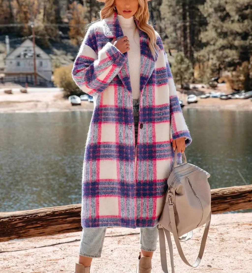 TEELYNN Casual Long Sleeve Tweed Coats for Women Vintage Loose Lapel Woolen Winter Coat 2022 Boho Oversize Long Plaid Outwear