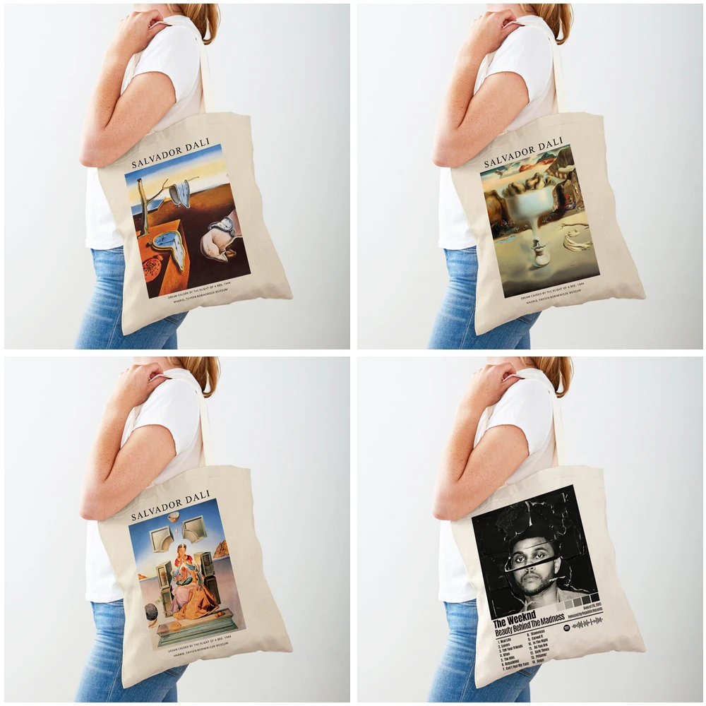 Double Print Reusable Casual Canvas Women Shopping Bags Salvador Dali Surrealism Cubism Exhibition Shopper Bag Tote Lady Handbag