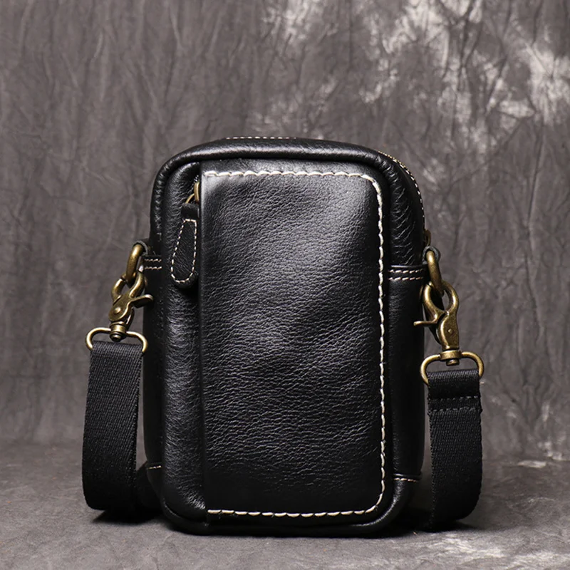 LEATHFOCUS-Mini bolsa de ombro de couro genuíno de primeira camada, bolsa casual masculina, moda telefone feminino, estilinete pequeno simples