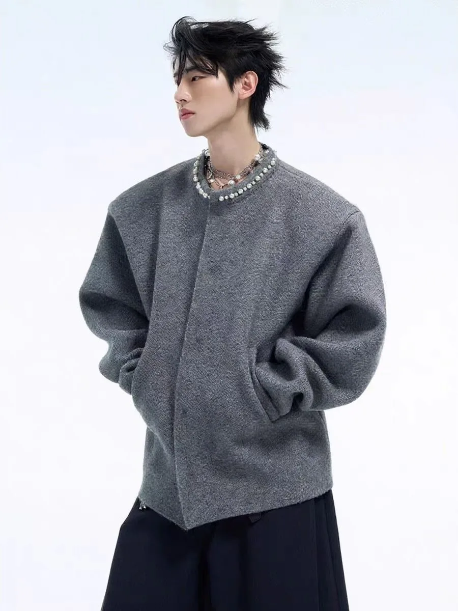 

American Retro Heavy Du Beaded round Ne Knitted Sweater Jaet Men Women Spring Autumn Lazy Loose Soft Open Cardigan Trendy