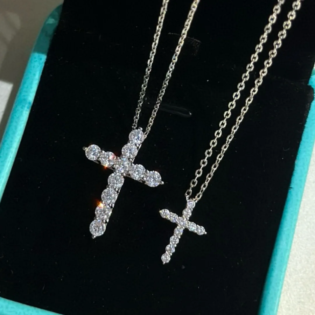 

100% 925 Sterling Silver Cross Pendant Necklace 2 Size Pave 5A Zirconia lovers Necklaces For Women And Men Party Luxury Jewelry