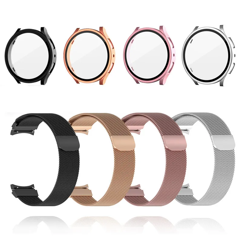 Metal Strap For Samsung Galaxy Watch 4 5 6 40mm 44mm Band With Screen Protector Plastic Case Magnetic Loop No Caps Bracelet