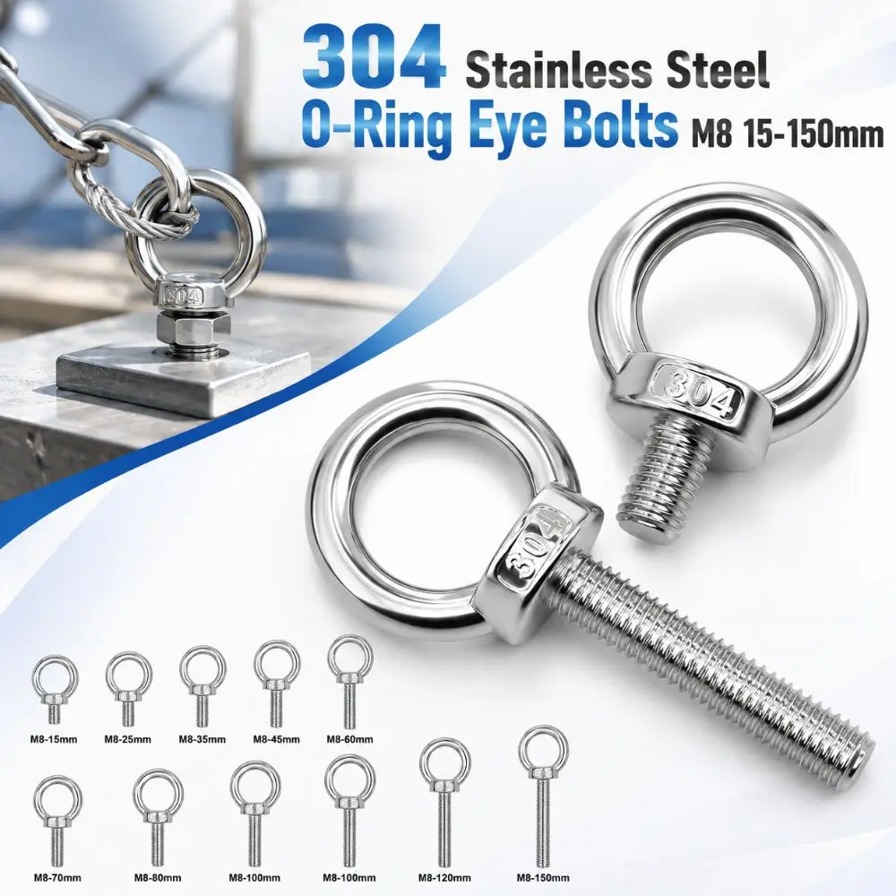304 Stainless Steel Eye Bolts M8 15-150mm Heavy-Duty O-Ring Extended Bolts Hand-twisting Rust Prevention Lifting Bolts Eyelets