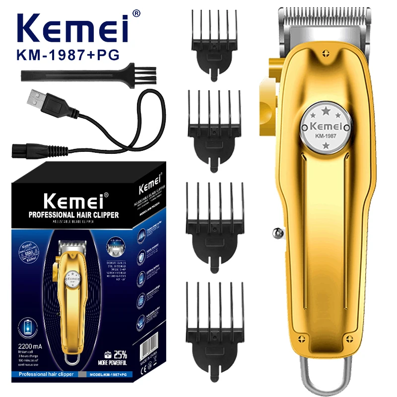 Kemei Professional Electric Hair Clipper Rechargeable Cordless Hair Trimmer Barber Machine with Metal Body for Men KM-1987+PG