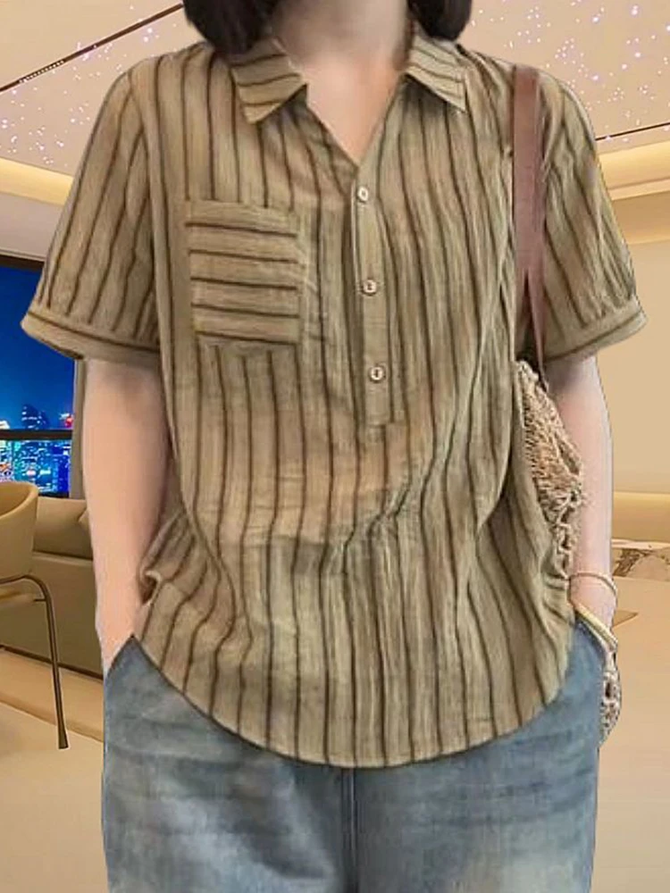 

Loose Casual Stripe Shirt Women's Summer New Fashion Korean Version Short Sleeve Collar Trendy Button Detail Cotton Shirt
