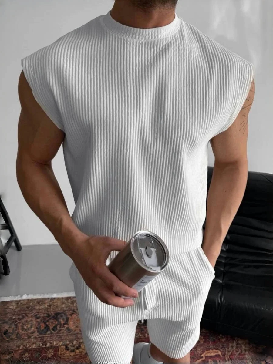 2025 New Men's Round-Neck Corduroy Solid Color Casual Vest & Shorts Set Striped Sleeveless Printed Two-Piece Men Clothing