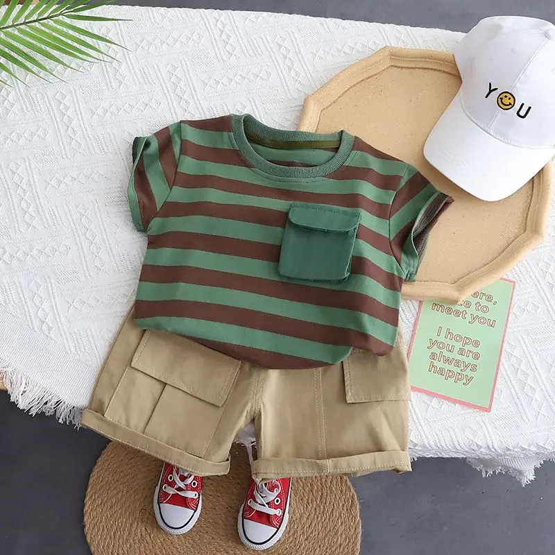 

New Children's Clothing Summer 2023 Short Sleeve Striped Round Neck Printed Spliced Pocket Contrasting Colors Sets Two Pieces