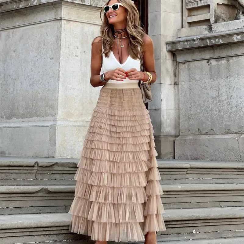

New Casual Womens Solid Cake Ball Gown Long Skirt Tulle High Waist Pleated Elegant Ladies Wild Mesh Dating Maxi Skirts