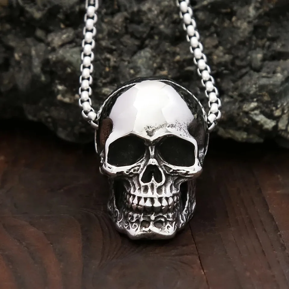 Vintage High Polish Skull Pendant Stainless Steel Punk Hip Hop Skeleton Necklace For Men Gothic Party Jewelry Gifts Dropshipping