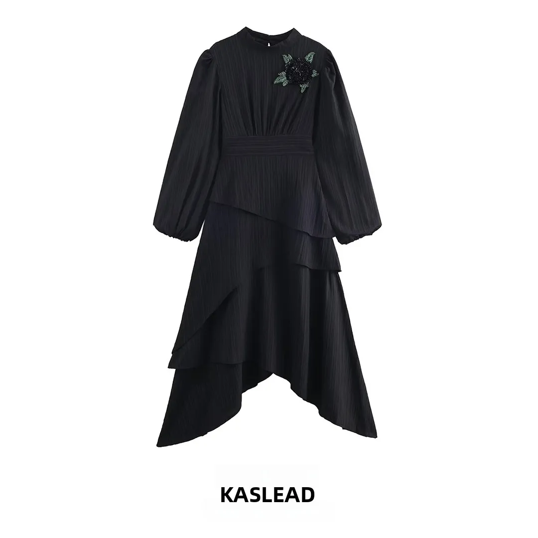 KASLEAD Faionable Street Sle Long Sve Dr décoration florale t-shirt jupe fée dimensionnelle fibre de Polyester trajet Ci