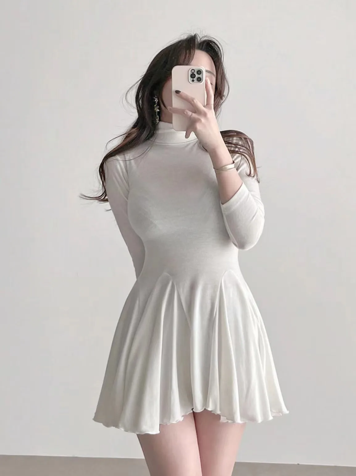 2024 Spring Office Lady Dress Elegant Japanese Style Long Sleeve Turtleneck Girl Basic Dress Slim Solid Color Female Party Dress