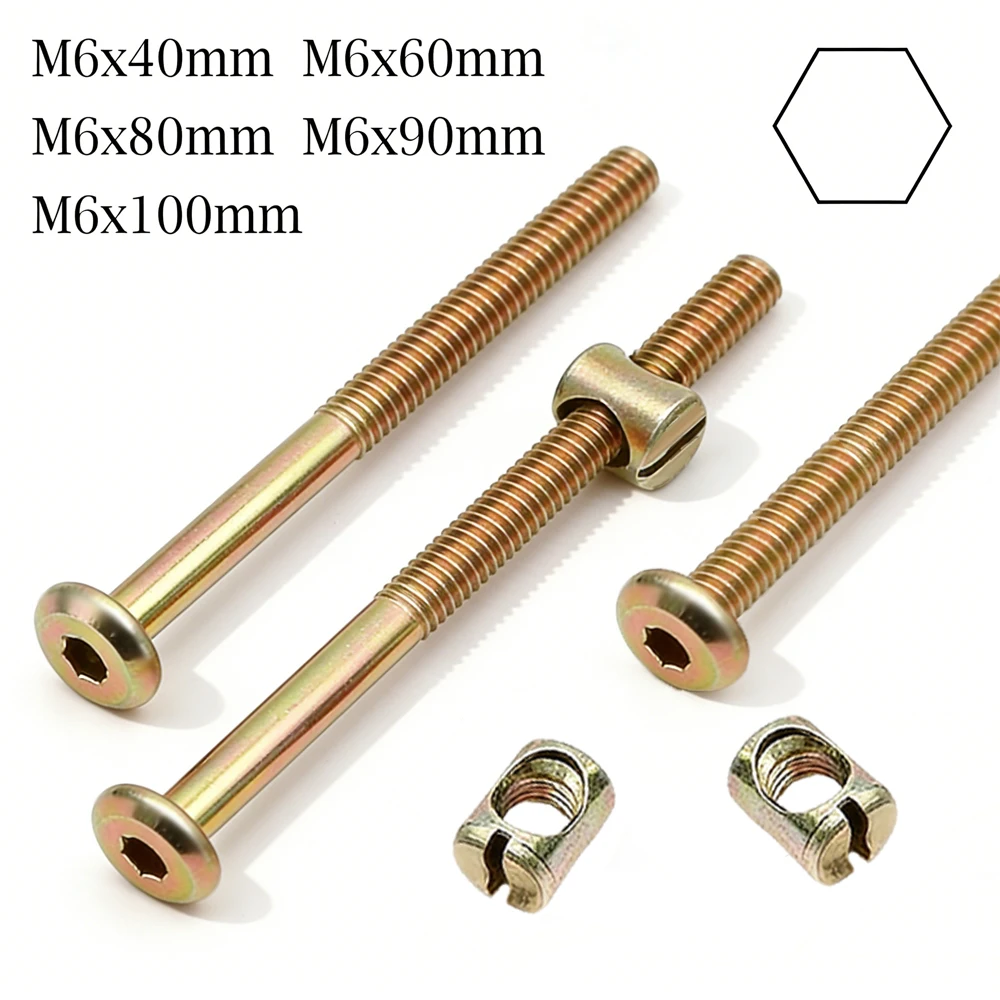 10pcs M6 Zinc Plated Hex Head Screws And Cross Dowel Nuts Kit 40-100mm Heavy Duty Furniture Bolts for Bed Frame Repair