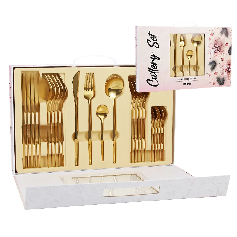 

Stainless Steel Tableware Set, Knife, Fork, Spoon, Non-Slip, Kitchenware, Gift Box, Kitchen Dishes, Full Sets, 24 Pcs