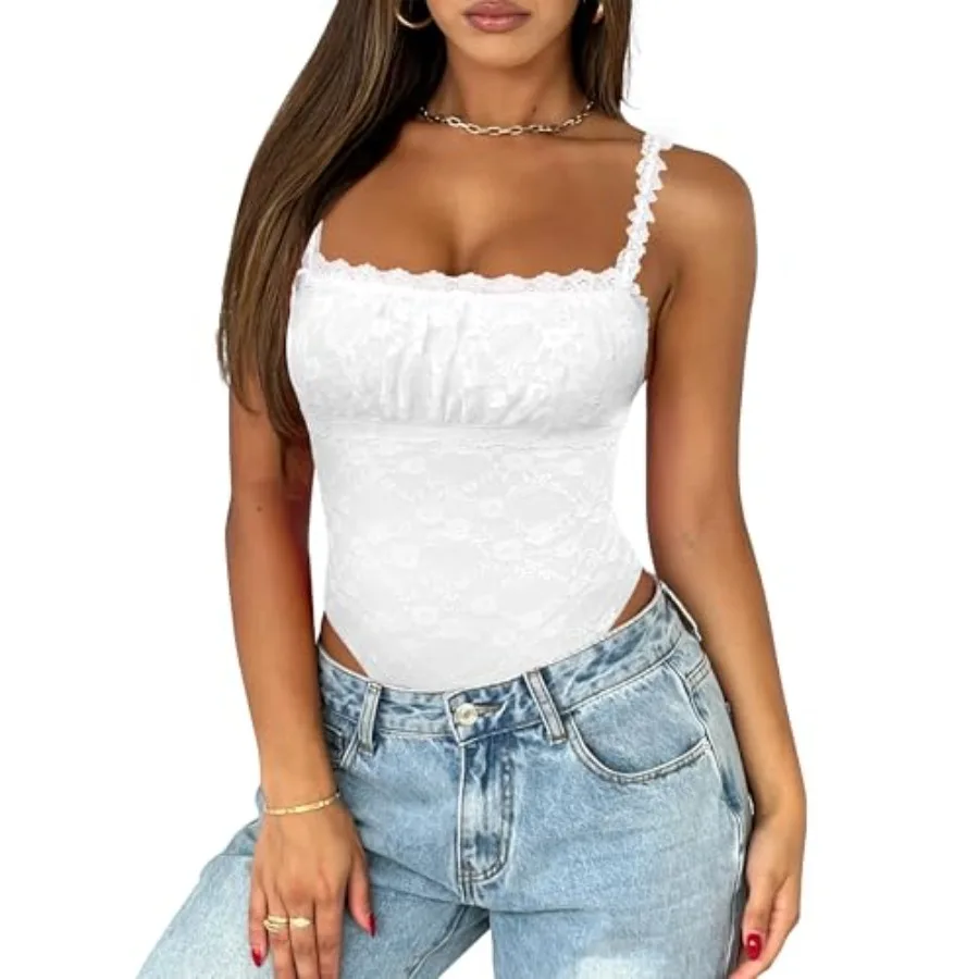 

Saslax Women's Lace Bodysuit Sleeveless Double Lined Thong Body Suit Square Neck Going Out Summer Concert Club Outfits