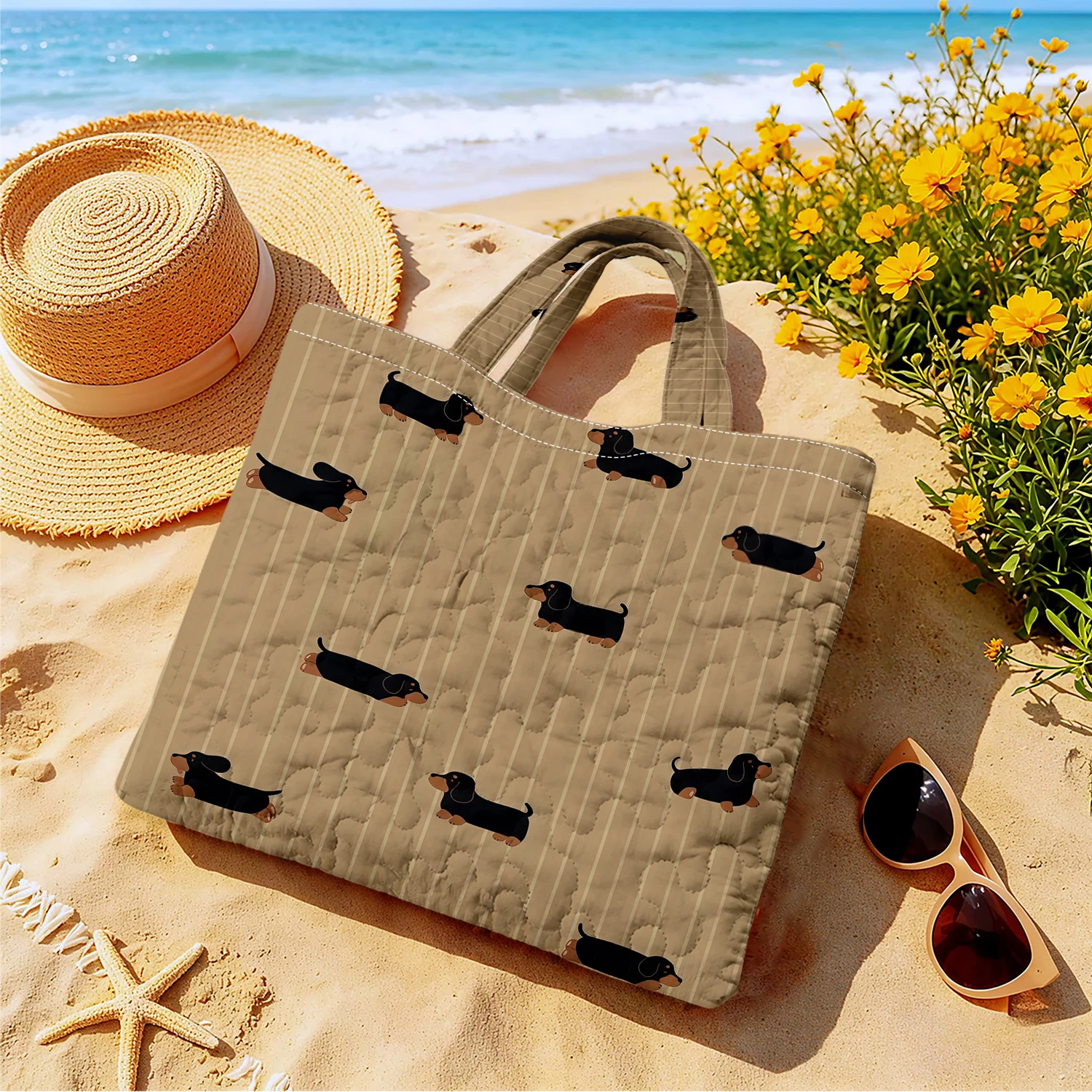 Dachshund Stripe March Large Capacity Canvas Shoulder Bag Dual Side Print Tote Bag Daily Shopping Bag Fashion Gift Handbag