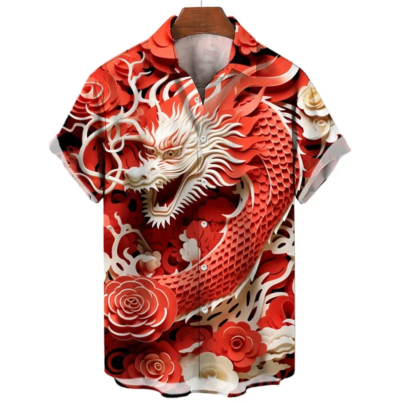 China-Chic Intangible Cultural Heritage Paper Cuttings Dragon Creative Printing Short Sleeve Shirt Men's Festive Lapel Top