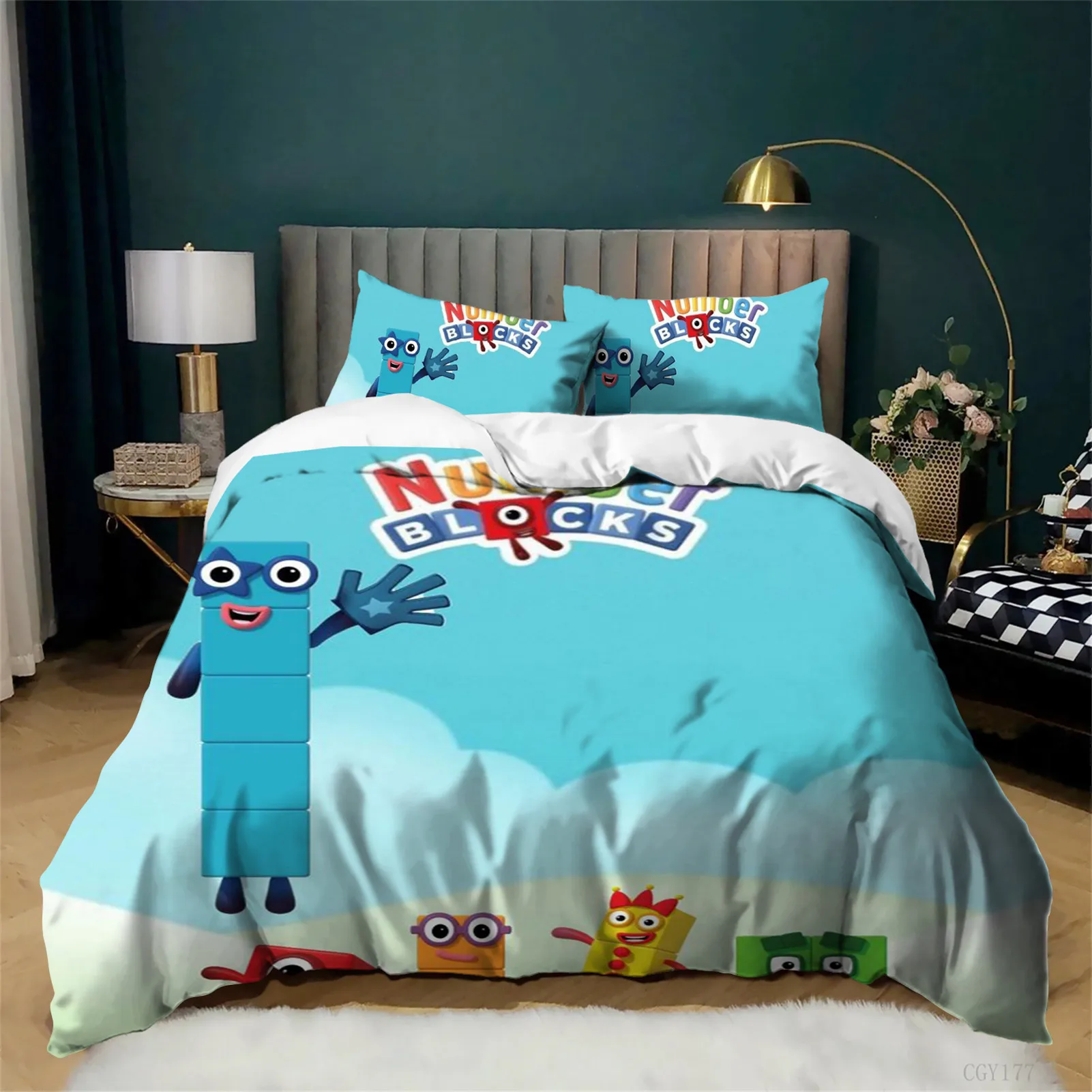

All-Season Quilt Cover Ultra Soft Bedding Set Teens Lightweight Duvet Cover Set 3-Pcs Nu-mber Bloc-k Comforter Set 3D Pattern