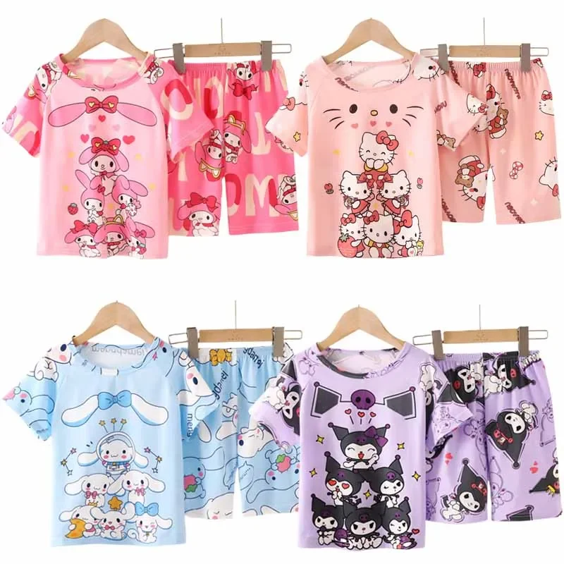 

Sanrios Anime Kuromi Cinnamoroll My Melody HelloKittys Children Summer Short Sleeved Shorts Pajamas Girl Home Clothing Nightwear